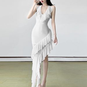 Sexy Ruffled Mesh Halter Neck Dress for Women, Slim Fit Bodycon with Irregular Long Skirt, Y2K Style