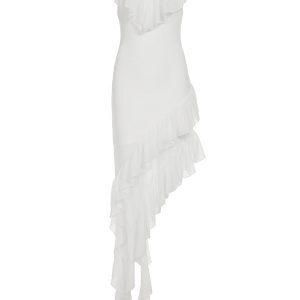 Sexy Ruffled Mesh Halter Neck Dress for Women, Slim Fit Bodycon with Irregular Long Skirt, Y2K Style
