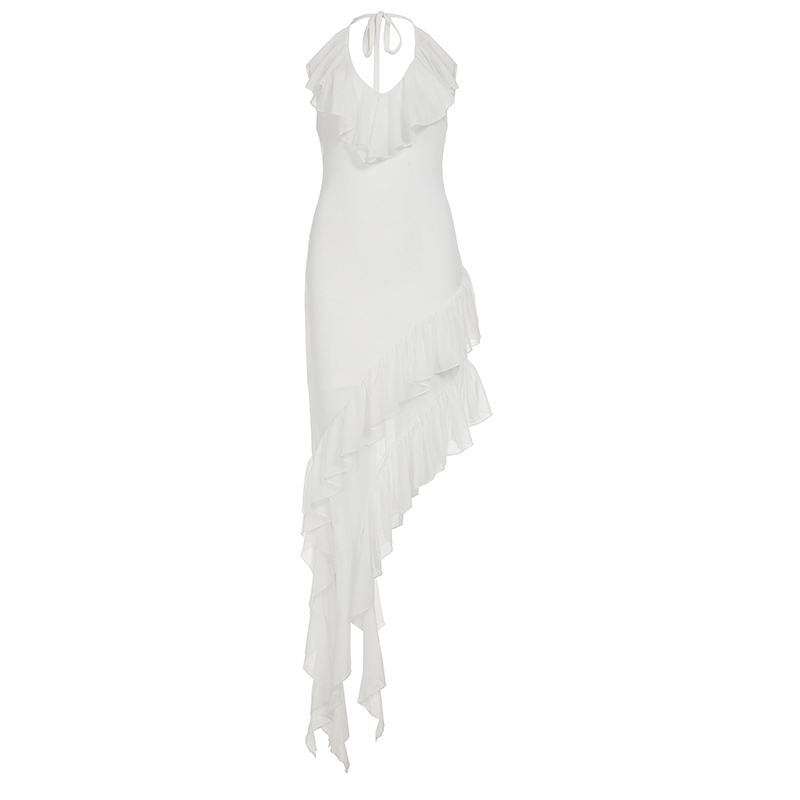 Sexy Ruffled Mesh Halter Neck Dress for Women, Slim Fit Bodycon with Irregular Long Skirt, Y2K Style