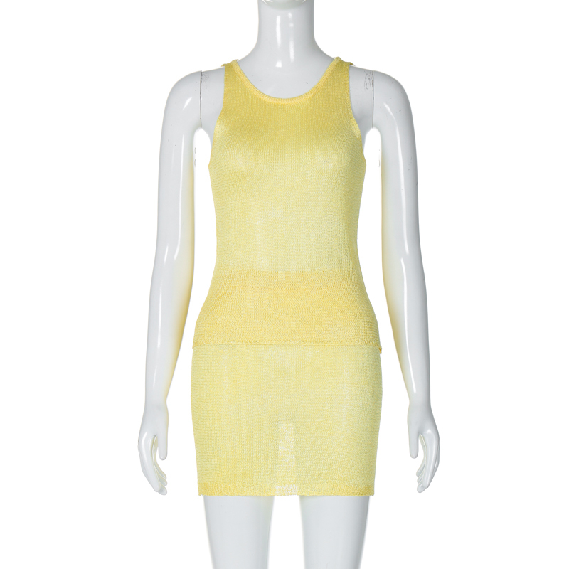 Sexy Semi-Transparent Knitted Two-Piece Set for Women - Sleeveless Tank Top & High-Waisted Skirt, European & American Style