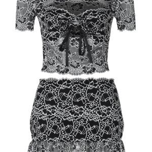 Sexy Semi-Transparent Lace Off-the-Shoulder Top and Skirt Two-Piece Set - Spicy Girl Outfit in Y2K Style