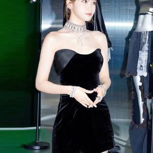Sexy Strapless Velvet Dress with Folded Collar and Back Zipper - European American Style Fitted Short Skirt for Women
