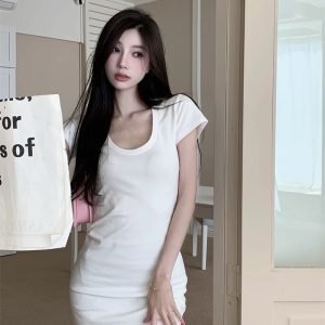 Sexy U-Neck White Bodycon T-Shirt Dress for Women - Minimalist Slim-Fit Short Sleeve Summer Dress