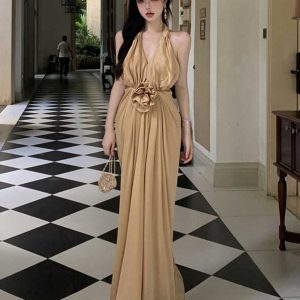Sexy V-Neck Halter Rose Floral Dress - Backless Summer Gown for Women - Elegant Beach Vacation Long Dress