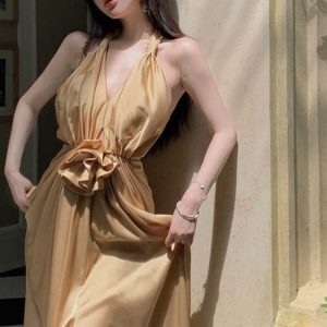 Sexy V-Neck Halter Rose Floral Dress - Backless Summer Gown for Women - Elegant Beach Vacation Long Dress