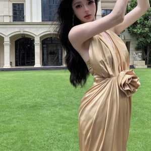 Sexy V-Neck Halter Rose Floral Dress - Backless Summer Gown for Women - Elegant Beach Vacation Long Dress