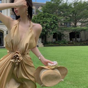 Sexy V-Neck Halter Rose Floral Dress - Backless Summer Gown for Women - Elegant Beach Vacation Long Dress