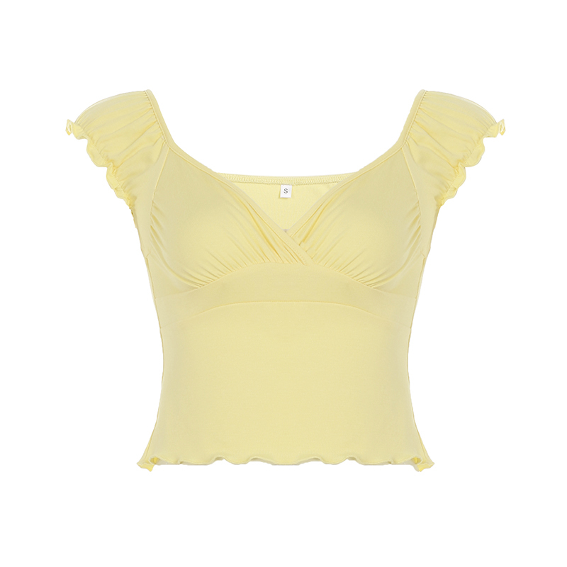 Sexy V-neck Ruffled Lace T-shirt - Slim Fit Flattering Dopamine Top, BM Style, Perfect for 90s and Y2K Fashion Lovers