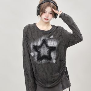 Sexy Wasteland Style Long Sleeve Top with Drawstring - Women's Base Shirt for Spring 2025 in European and American Fashion