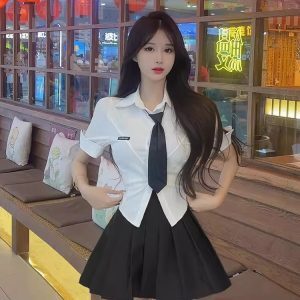 Sexy White Short-Sleeve JK Uniform Two-Piece Set with Pleated Skirt for Hot Girl Bar KTV Work Outfit