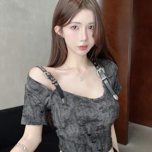 Sexy Y2K Vibe Short-Sleeve T-Shirt for Women, American Wasteland Style, Jazz Dance & K-Pop Music Festival Outfit