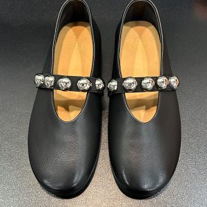 Sheepskin Mary Jane Flat Ballet Shoes for Women, Shallow Mouth, Pearl Strap, Chic Style for Skirts, Casual Elegance