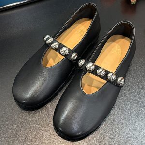 Sheepskin Mary Jane Flat Ballet Shoes for Women, Shallow Mouth, Pearl Strap, Chic Style for Skirts, Casual Elegance
