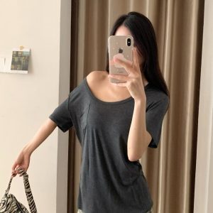 Sheer Draped Short-Sleeve Pocket T-Shirt for Women - Kpop Lazy Style, Soft Skin-Friendly, High Elasticity, Summer Essential