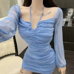 Sheer Long-Sleeve Bodycon Dress for Women - Strapless Slim Fit Camisole Dress for Nightclub in Spring and Autumn