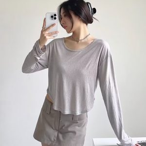 Sheer Long Sleeve Kpop Jazz Cover-Up T-Shirt for Women - Loose Fit Sun Protection Layer Top for Yoga & Casual Wear