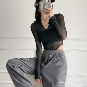Sheer Mesh Long Sleeve T-Shirt for Women, Slim Fit Jazz Dance Bodysuit, Waist-Cinching European American Style, Figure-Enhancing Fashion Top