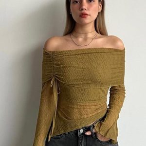 Sheer Mesh Off-Shoulder Long Sleeve T-Shirt for Women - Flared Collar, Slim Fit, Drawstring Short Top - European and American Style