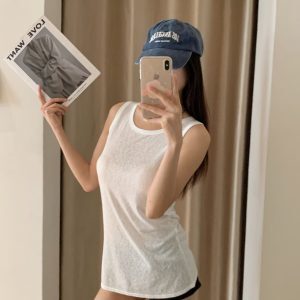 Sheer Slim-Fit U-Neck Camisole T-Shirt for Kpop Jazz Street Dance - Versatile White Basic Top