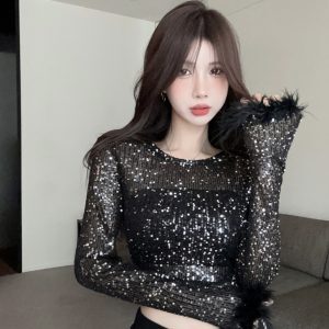 Shiny Sequined K-Pop Style Performance Outfit - Short Jazz Dance Top for Spicy Girl Group Stage Looks