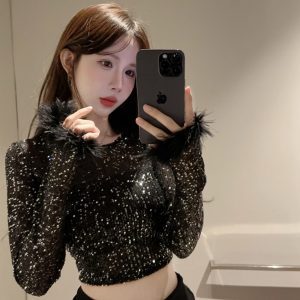 Shiny Sequined K-Pop Style Performance Outfit - Short Jazz Dance Top for Spicy Girl Group Stage Looks
