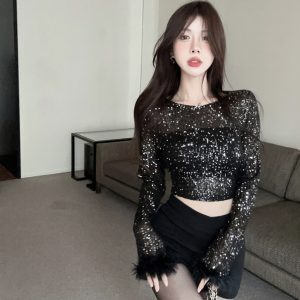 Shiny Sequined K-Pop Style Performance Outfit - Short Jazz Dance Top for Spicy Girl Group Stage Looks