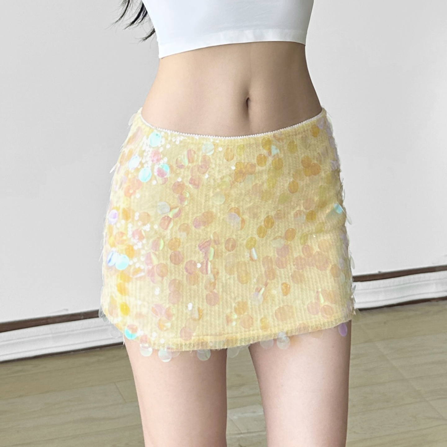 Shiny Warm Yellow Vintage Disco Sequin Low Waist Bodycon Mini Skirt - Niche Dopamine Style for 90s Y2K Fashion Lovers