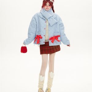 Short Diamond Checkered Cotton Coat in Milk Blue with Scarf for Women – Stylish Winter Outerwear for Petite Sizes