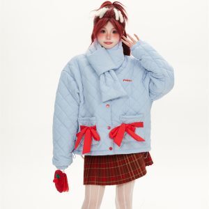 Short Diamond Checkered Cotton Coat in Milk Blue with Scarf for Women – Stylish Winter Outerwear for Petite Sizes