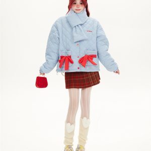 Short Diamond Checkered Cotton Coat in Milk Blue with Scarf for Women – Stylish Winter Outerwear for Petite Sizes