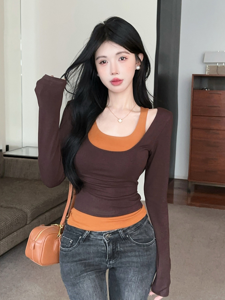 Short Faux Two-Piece Base Shirt for Women - American Jazz Dance K-Pop Top for Girl Group Performance, Trendy Stagewear