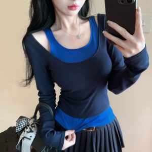 Short Faux Two-Piece Base Shirt for Women - American Jazz Dance K-Pop Top for Girl Group Performance, Trendy Stagewear