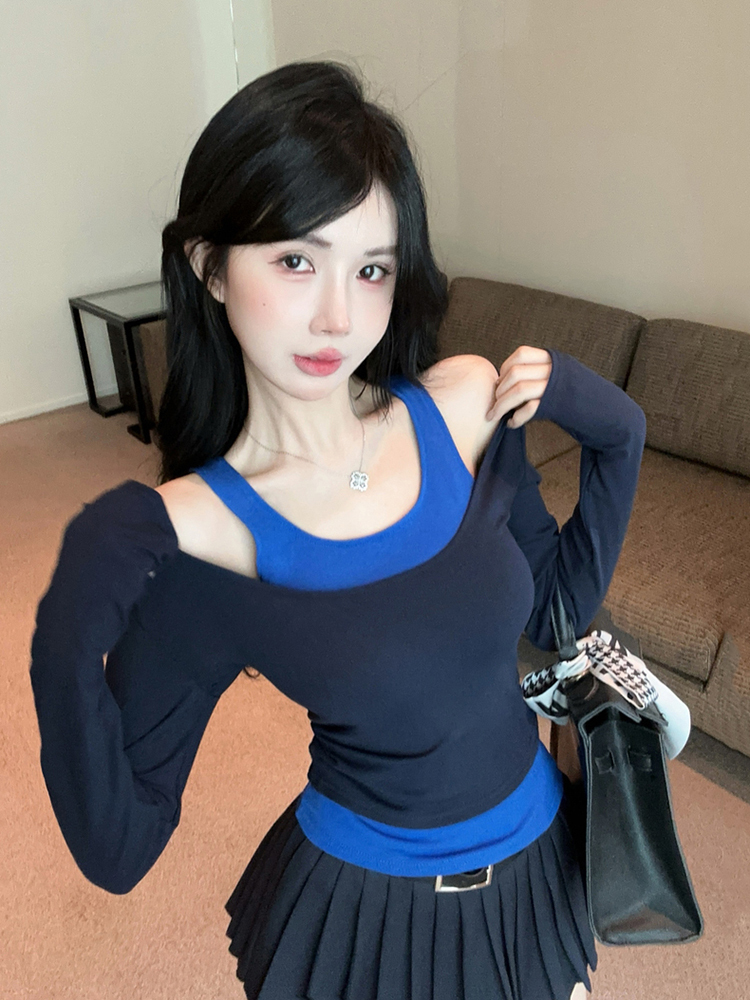 Short Faux Two-Piece Base Shirt for Women - American Jazz Dance K-Pop Top for Girl Group Performance, Trendy Stagewear
