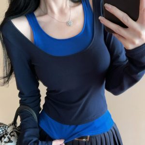Short Faux Two-Piece Base Shirt for Women - American Jazz Dance K-Pop Top for Girl Group Performance, Trendy Stagewear