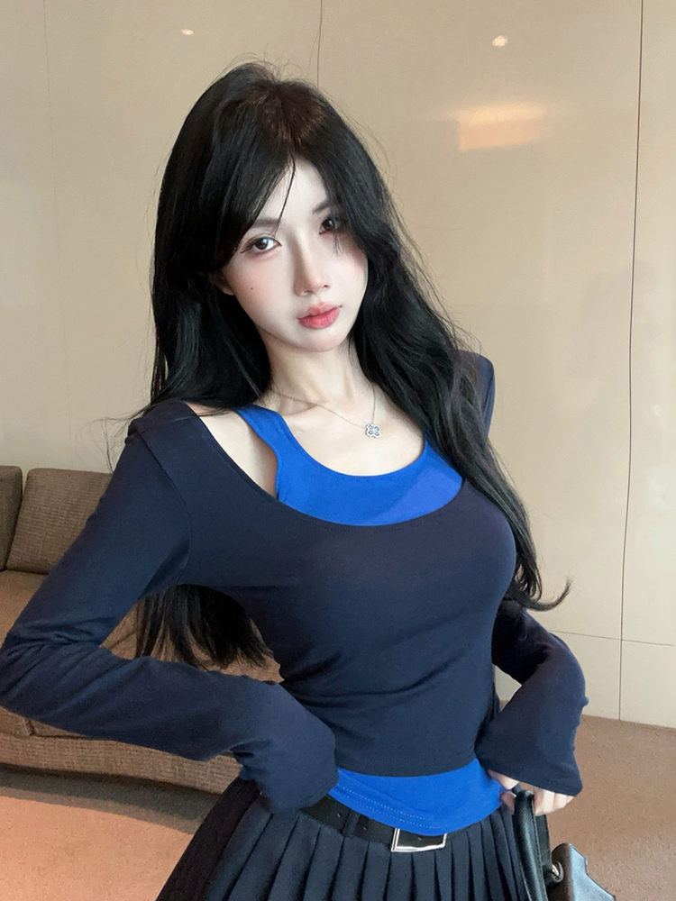 Short Faux Two-Piece Base Shirt for Women - American Jazz Dance K-Pop Top for Girl Group Performance, Trendy Stagewear