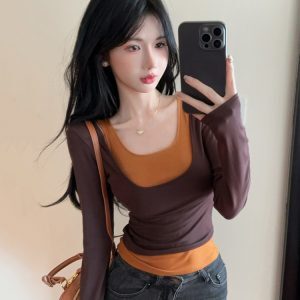 Short Faux Two-Piece Base Shirt for Women - American Jazz Dance K-Pop Top for Girl Group Performance, Trendy Stagewear