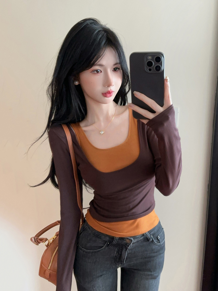 Short Faux Two-Piece Base Shirt for Women - American Jazz Dance K-Pop Top for Girl Group Performance, Trendy Stagewear