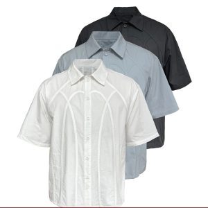 Short Sleeve Fence Design Shirt with Curved Piping, Structural Lines, 100% Cotton - Casual Urban Style Top for Everyday Wear