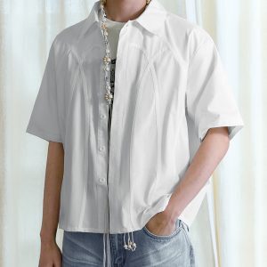 Short Sleeve Fence Design Shirt with Curved Piping, Structural Lines, 100% Cotton - Casual Urban Style Top for Everyday Wear