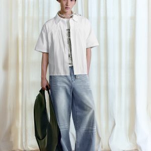Short Sleeve Fence Design Shirt with Curved Piping, Structural Lines, 100% Cotton - Casual Urban Style Top for Everyday Wear