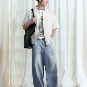 Short Sleeve Fence Design Shirt with Curved Piping, Structural Lines, 100% Cotton - Casual Urban Style Top for Everyday Wear