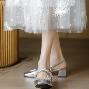 Silver Backless Chunky Heel Shoes for Women - Retro Closed-Toe Sandals, Versatile Summer Style 2025, Perfect with Skirts