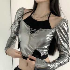 Silver Bling Neck-Hanging Spliced Fake Two-Piece Long Sleeve Women's Jazz Dance Top - Sexy Y2K Style