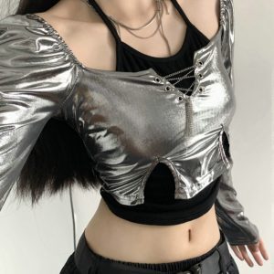 Silver Bling Neck-Hanging Spliced Fake Two-Piece Long Sleeve Women's Jazz Dance Top - Sexy Y2K Style