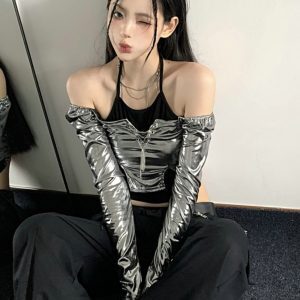 Silver Bling Neck-Hanging Spliced Fake Two-Piece Long Sleeve Women's Jazz Dance Top - Sexy Y2K Style