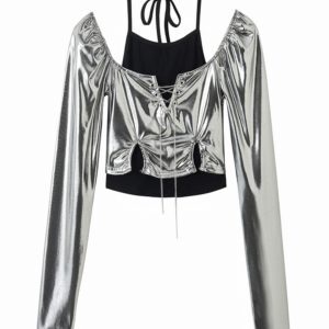 Silver Bling Neck-Hanging Spliced Fake Two-Piece Long Sleeve Women's Jazz Dance Top - Sexy Y2K Style