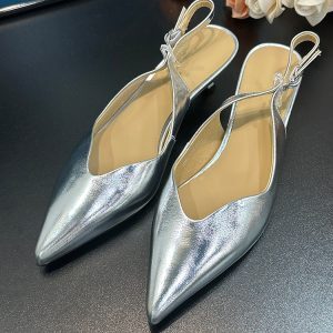 Silver Genuine Leather Chunky Heel Open-Toe Sandals for Women - Pointed Backless Ankle Strap High Heels for Spring Summer 2025