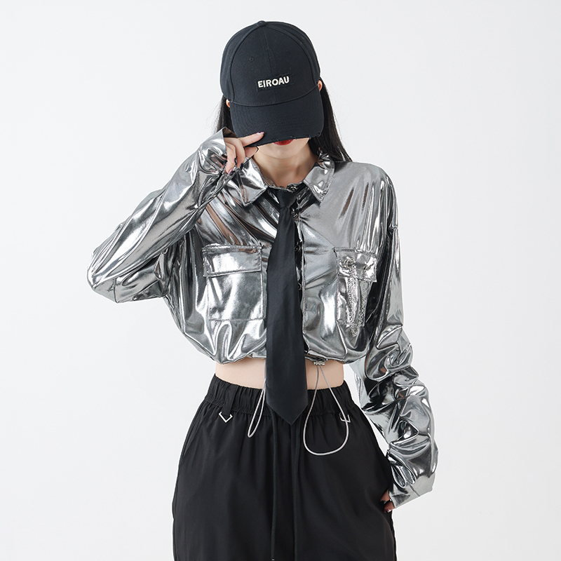 Silver Jazz Dance Top for Women, K-Pop Stage Outfit, Stylish Performance Set for Girl Group, Cool Square Dancing Attire