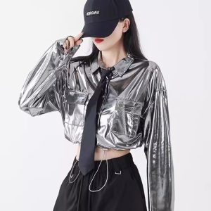 Silver Jazz Dance Top for Women, K-Pop Stage Outfit, Stylish Performance Set for Girl Group, Cool Square Dancing Attire