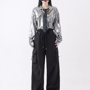 Silver Jazz Dance Top for Women, K-Pop Stage Outfit, Stylish Performance Set for Girl Group, Cool Square Dancing Attire
